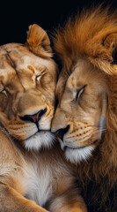 lion and lioness cuddling on a black background
