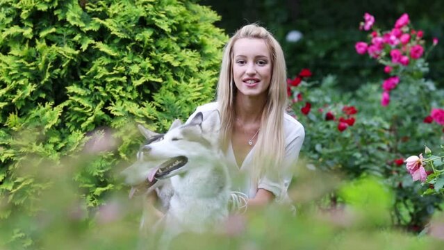 Blonde girl stroking two dogs Husky on grass in park.
