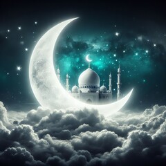 Ramadan Kareem holy month Crescent Moon with mosque Paper art style background, Generative Ai