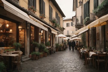 Fototapeta na wymiar View of a street with italian cafes and restaurants, houses, cobblestone
