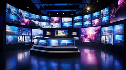 a multimedia video wall in a television broadcast setting, showcasing the dynamic display of various content across multiple screens.