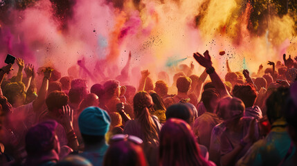 Festival of Colors at the Summer Holi Party with crowd having fun with colored powders.