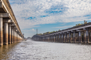 Piers Under the I-10 freeway in the Atchafalaya Swamp, Showing Low Water Line Due to Drought, Louisiana 