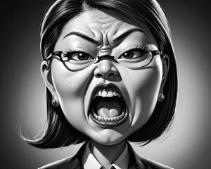 Exaggerated Caricature of a Terrible Boss - Short Very Fair-Skinned East Asian Female Bully Making Inappropriate Comments Gen AI - obrazy, fototapety, plakaty
