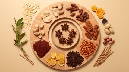 Obraz na płótnie Canvas traditional Chinese medicines arranged in a circle on a light brown background, creating a visually appealing composition.