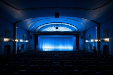 Naklejka premium Empty cinema hall with blue interior, white blank screen mockup, no people in auditorium