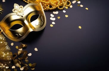 happy Purim carnival composition. golden mask, ribbons and confetti on black background, flatlay