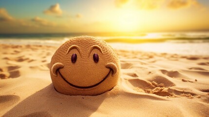 Smiling winking happy sun on golden beach sand - obrazy, fototapety, plakaty