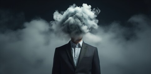 businessman with cloud on face, smoke, head Explosion,  suit, concept business background - obrazy, fototapety, plakaty