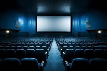 Empty cinema with blue blank screen mockup, showcasing an auditorium with no audience