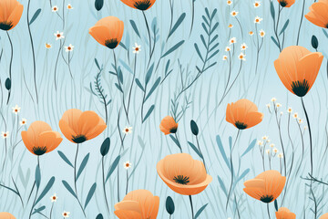 Seamless floral pattern in pastel colors. Elegant spring flowers on soft blue background.