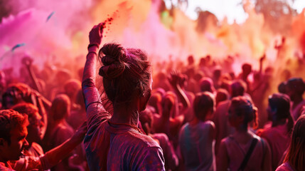 Festival of Colors at the Summer Holi Party with crowd having fun with colored powders.