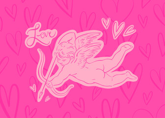 Valentine's Day Cupid Flying with Bow and Arrow Hand Drawn Vector Illustration. Flying Love Cupid or Cherub. 