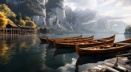 Uma linda paisagem tranquila de um lago com canoas e belas montanhas ao fundo