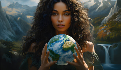 Linda jovem ativista segurando o globo do planeta Terra na mão em ação climática e conceito de conservação ambiental - obrazy, fototapety, plakaty