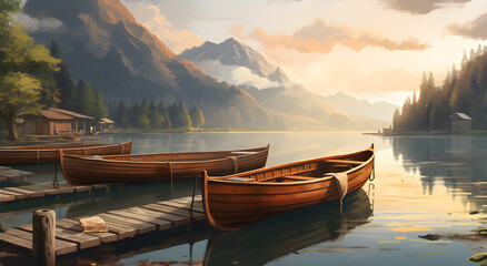 Uma linda paisagem tranquila de um lago com canoas e belas montanhas ao fundo - obrazy, fototapety, plakaty