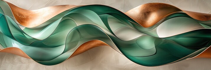 Colorful waves of different shades of green and orange with vibrant display of fluidity and contrast, this modern abstract painting the essence of nature through a bold mix of green and orange hues.