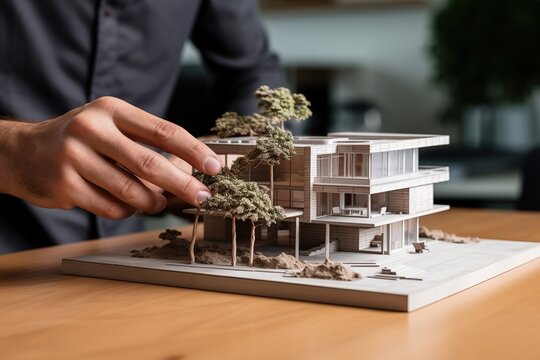 Close-up of architect model of house on table, Ai Generated - Powered by Adobe