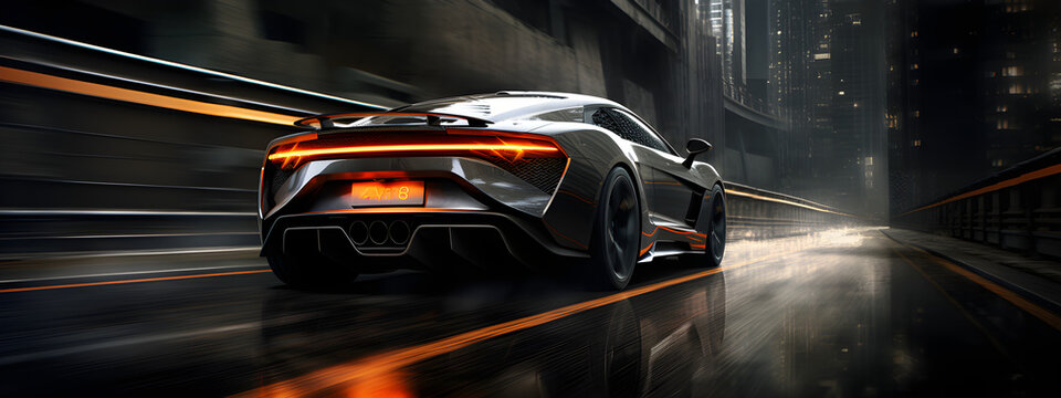 Imagem de um carro esportivo em movimento a noite em uma estrada com fachos de luzes