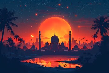 vector background with mosques and minarets to the holiday Mubarak - obrazy, fototapety, plakaty