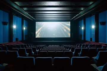 Empty cinema hall with blue color theme and white blank screen mockup, no people in auditorium