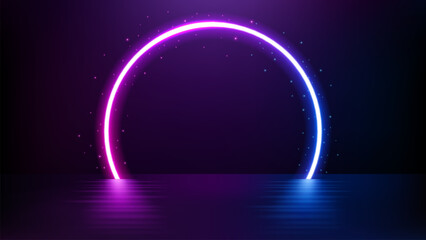 Circle Neon Light, Sci Fi Portal on Floating Floor, Vector Illustration
