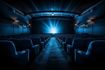 Naklejka premium Spacious empty blue cinema hall with white blank screen mockup, perfect for creative presentations