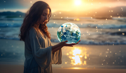Linda jovem ativista na praia segurando o globo do planeta Terra na mão em ação climática e...