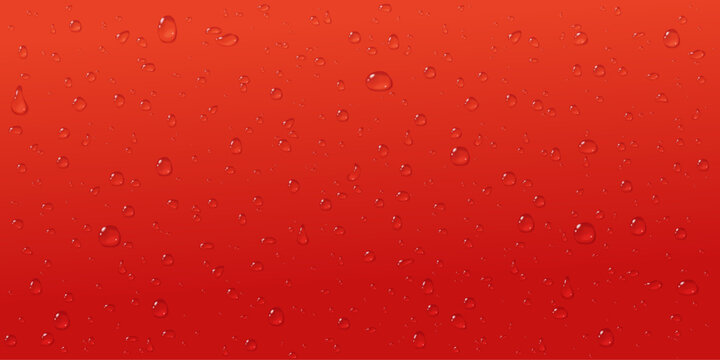 Red drops abstract background. Condensate on glass in close up. Cold beverage texture concept of wine or juice. Stock vector illustration in realistic style.