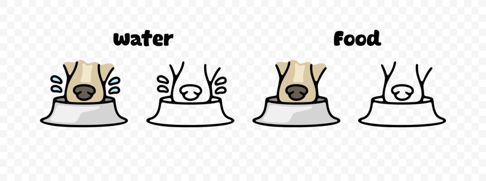 Dog eats food and drinks water from bowl, graphic design. Animal and pet, meals, feed, veterinary and pet shop, vector design and illustration