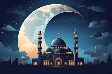 Digital illustration of a mosque on a starry night, ramadan, crescent moon and stars, mosque, generative AI