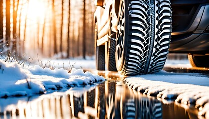 Single car tire standing on the road in difficult weather conditions, in snow or rain wet road with aquaplaning - obrazy, fototapety, plakaty