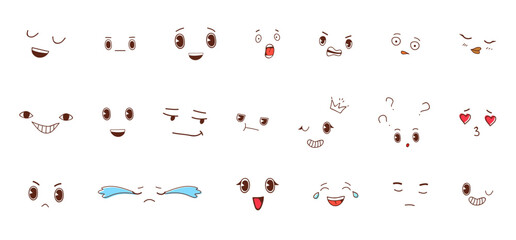 Set of different anime emotion with effects. Stock vector illustration in old school cartoon style.