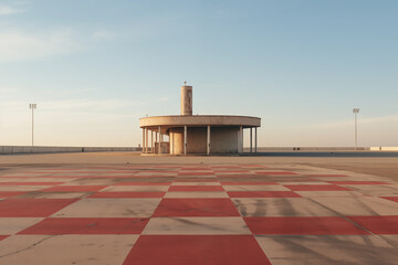 Abstract photo surrealism of building with checkered foreground