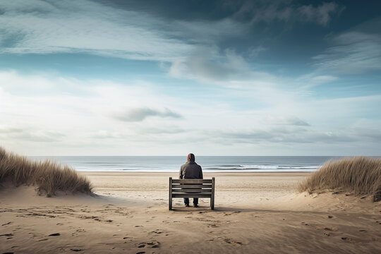 person watching the sea from a bench in the sand