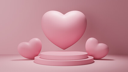 Valentine's Day display with this photorealistic 3D podium mockup red and red color scheme with a decorative pink hearts backdrop. Valentine minimal scene for products showcase.