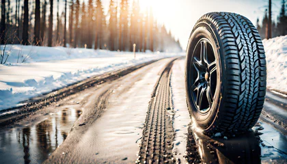 Foto op Canvas Single car tire standing on the road in difficult weather conditions, in snow or rain wet road with aquaplaning © Christoph Burgstedt