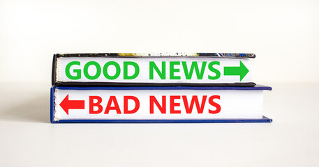 Good or bad news symbol. Concept word Good news Bad news on beautiful books. Beautiful white table white background. Business and Good or bad news concept. Copy space.