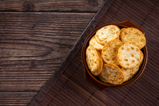 Pile of rice chips snack. Rice Crackers.