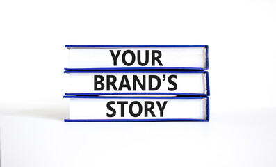 Branding and your brand story symbol. Concept words Your brands story on beautiful books. Beautiful white table white background. Business branding and your brand story concept. Copy space.