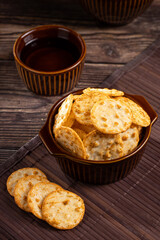 Pile of rice chips snack. Rice Crackers.