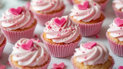 Pink Cupcakes with Love Heart Decorations. Delicious Valentine’s Day Background.