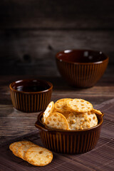 Pile of rice chips snack. Rice Crackers.