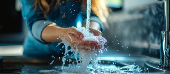 Young Caucasian lady washing hands with soap at the sink in a cropped photo. - obrazy, fototapety, plakaty