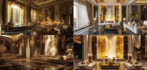 A waterfall of liquid gold cascades down the walls of an opulent 3D photo luxury living room, symbolizing prosperity and abundance.