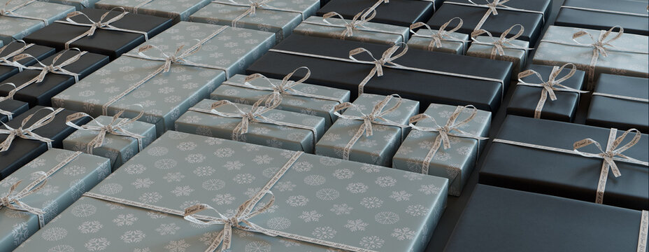 Festive Background with Christmas Presents Neatly arranged in a Grid. Modern Duck Egg Blue and Black banner.