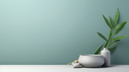 eucalyptus leaves alongside a white mortar and pestle, symbolizing ingredients for alternative medicine and natural cosmetics, aligning with a beauty salon and spa concept, with ample space for text.