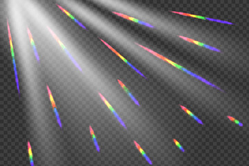Rainbow prism rainbow light. Sun rays overlay effect. Stock vector illustration in realistic style on transparent background.