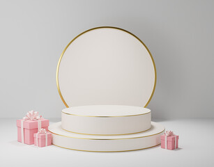 White cylinder pedestal or stand podium with circle shape background for Valentine products showcase, Abstract mock up backgroundup 3D rendering.