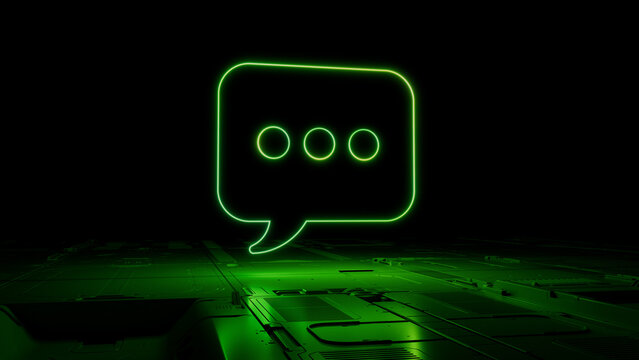 Green neon light sms icon. Vibrant colored Text technology symbol, on a black background with high tech floor. 3D Render